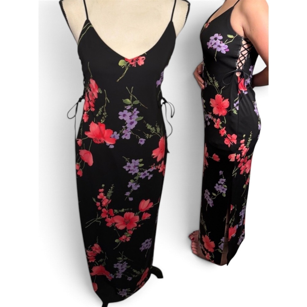 VTG 90's Full Length Satin Floral Slip Dress Bling Side Cutout Event Formal 6P